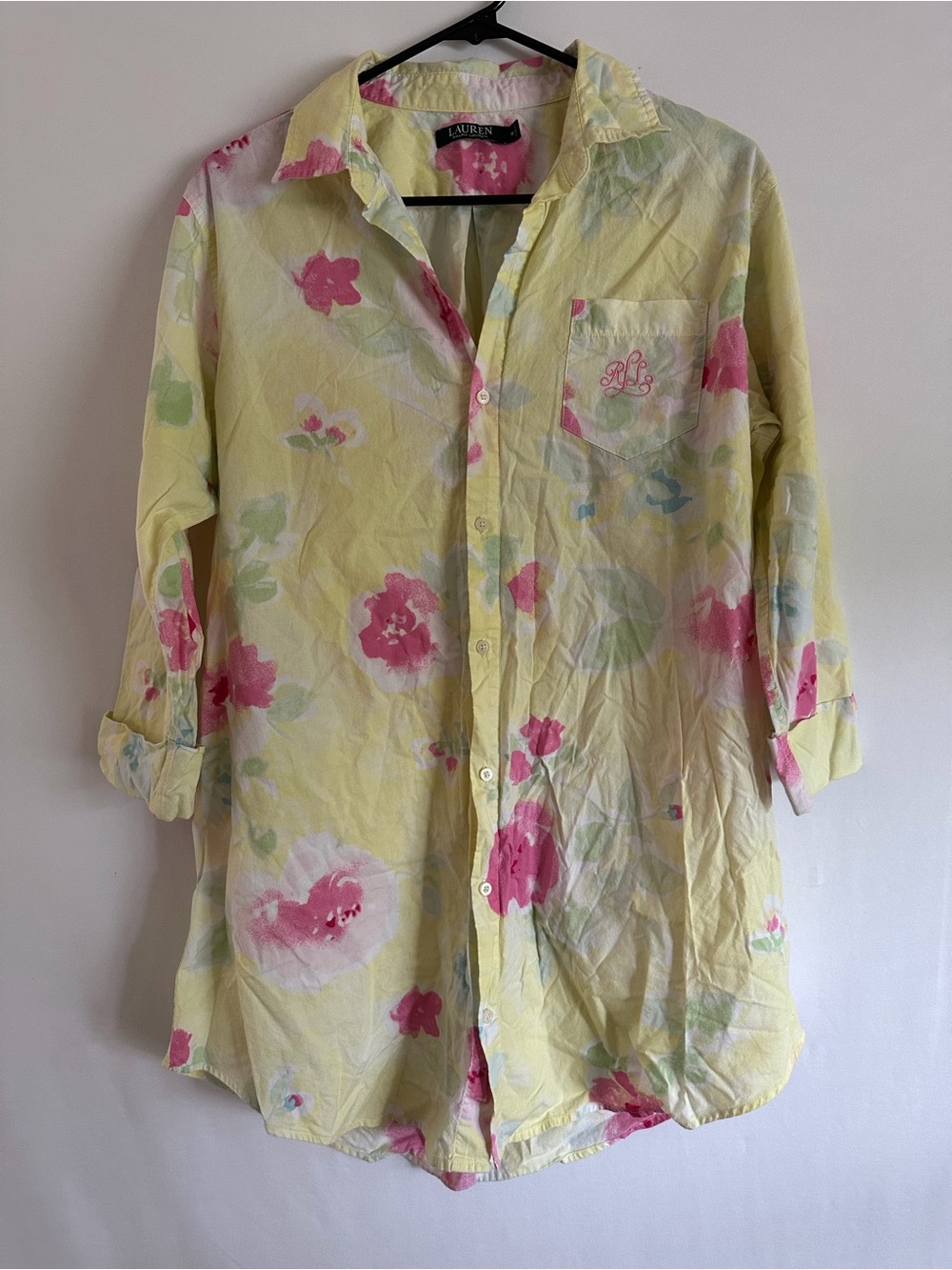 Lauren Ralph Lauren Shirt tunic Women Sz M Yellow Pink Floral Pocket 3/4 Sleeve